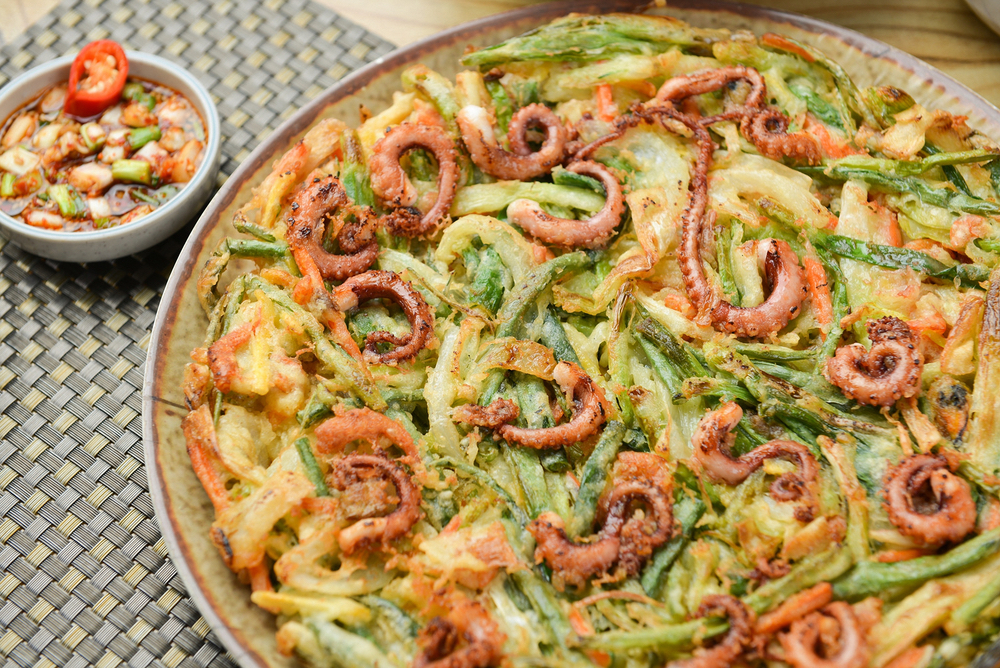 Korean street food - Pajeon: a pan-fried, vegetable pancake, South Korea.