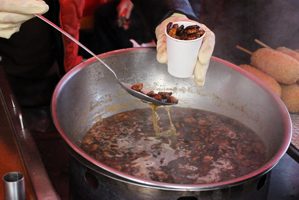 Korean street food - Soy-sourced silkwarm pupae, Beondegi, South Korea.