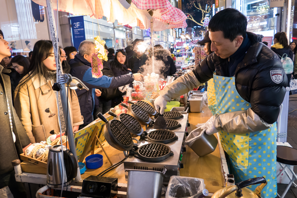 Vendor selling Korean street food, South Korea.