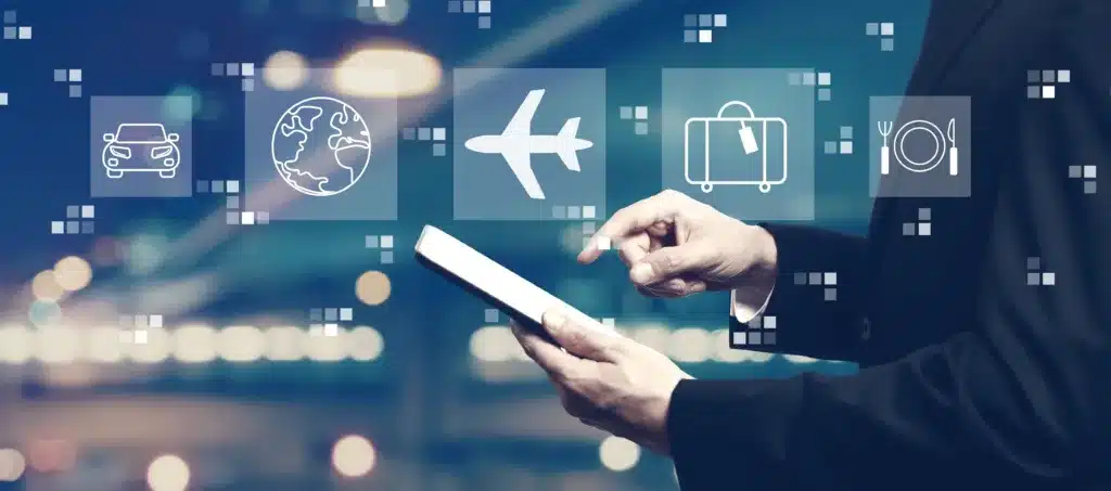 a person using a tablet with travel-related technology images in the background.